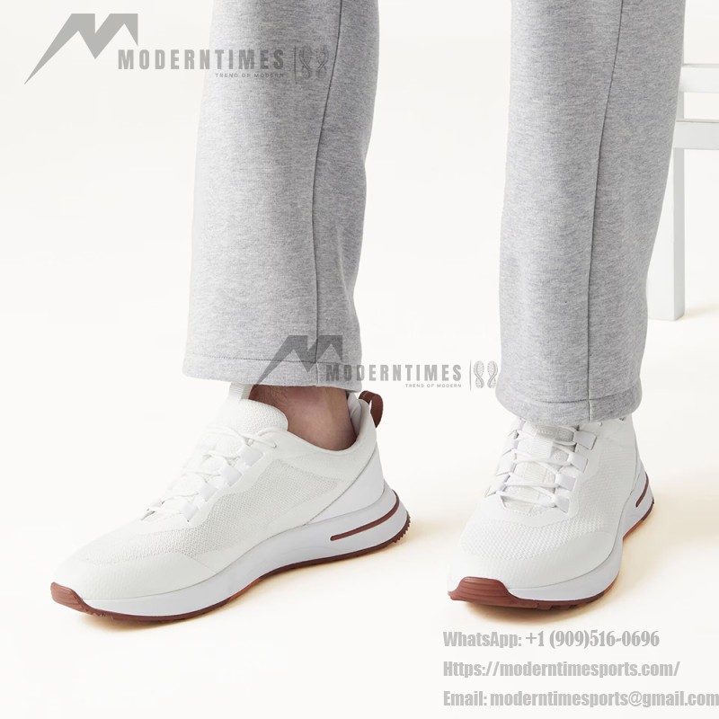 Loro Piana FAM1718-1000 White Leather Sneakers Loro Piana FAM1718-1000 White Sneakers Front View with Red Detailing