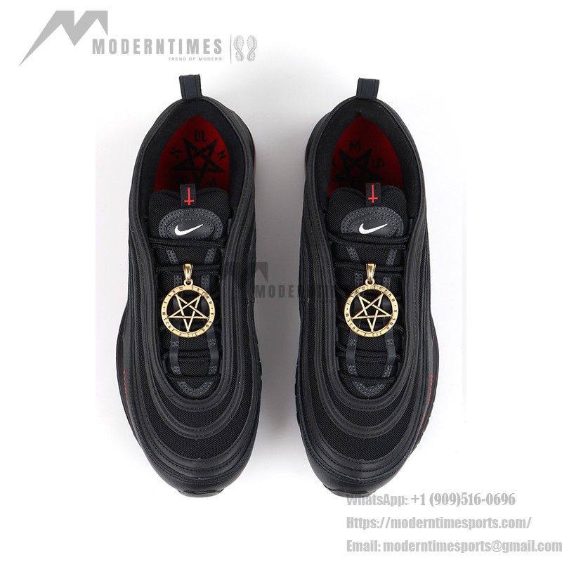 Nike Air Max 97 "Satan Shoes" - Black Sneakers with Red Accents and Luke 10:18 Reference