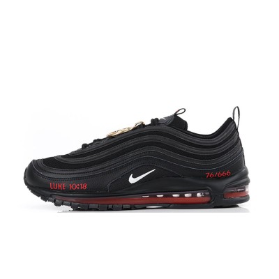 Nike Air Max 97 "Satan Shoes" - Unique Black Sneakers with Red Accents and Luke 10:18 Reference