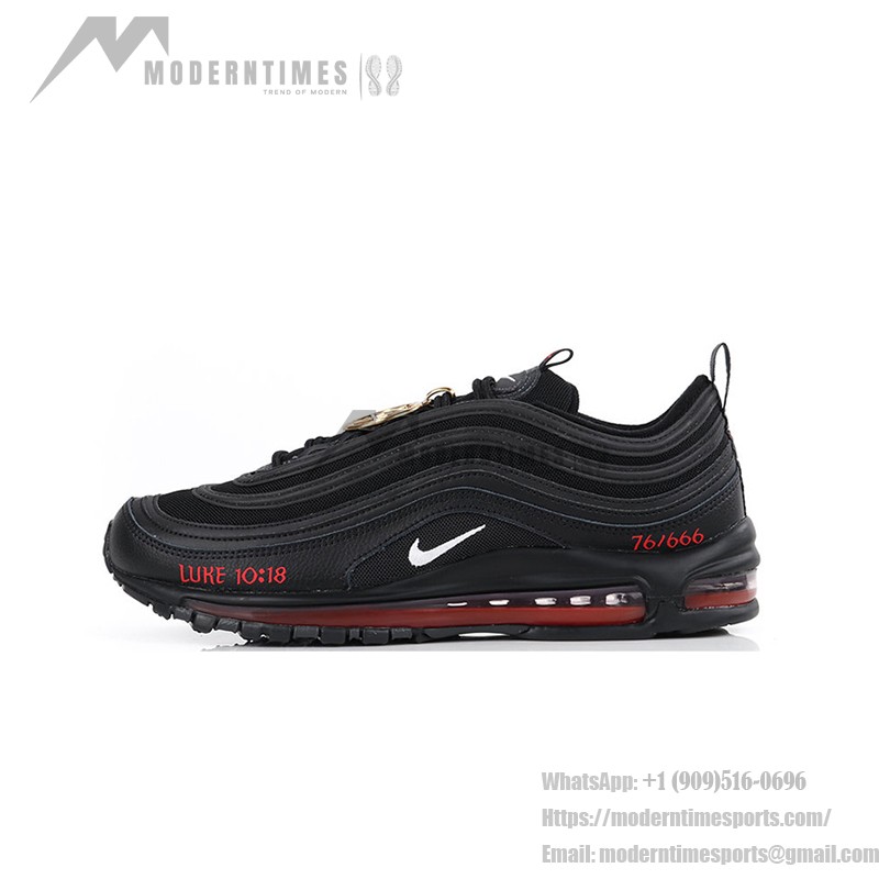 Nike Air Max 97 "Satan Shoes" - Black Sneakers with Red Accents and Luke 10:18 Reference