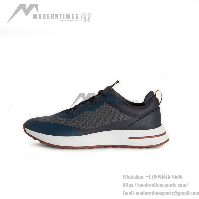 Loro Piana FAM1718-F3DW Navy Blue Leather Sneakers Loro Piana FAM1718-F3DW Navy Blue Sneakers Front View with Grey and Brown Detailing