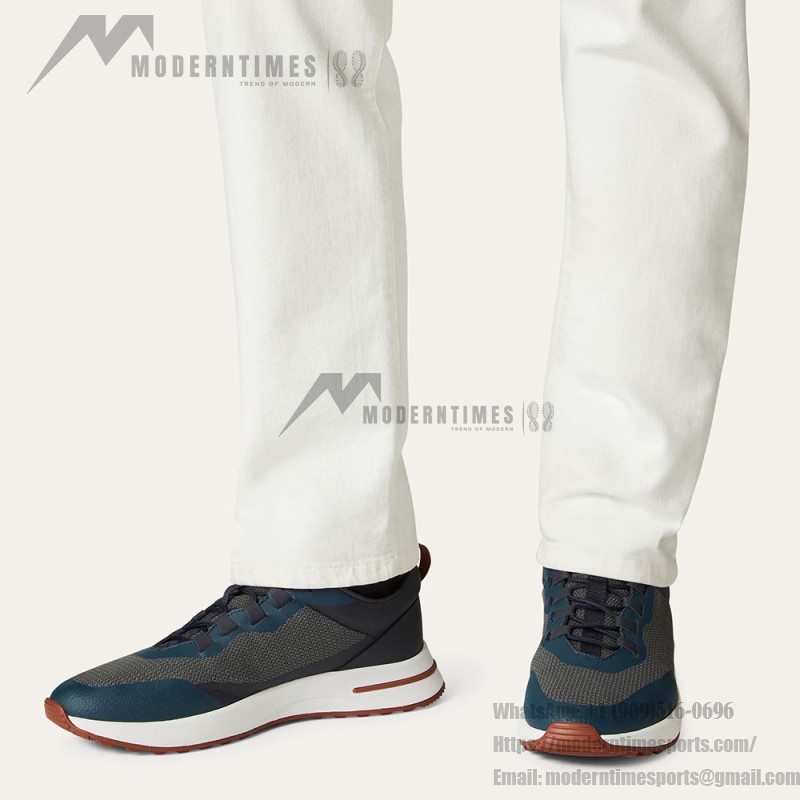 Loro Piana FAM1718-F3DW Navy Blue Leather Sneakers Loro Piana FAM1718-F3DW Navy Blue Sneakers Front View with Grey and Brown Detailing