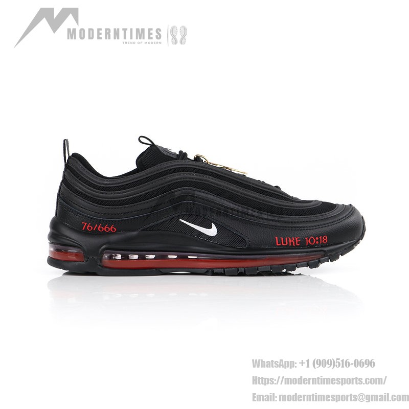 Nike Air Max 97 "Satan Shoes" - Black Sneakers with Red Accents and Luke 10:18 Reference