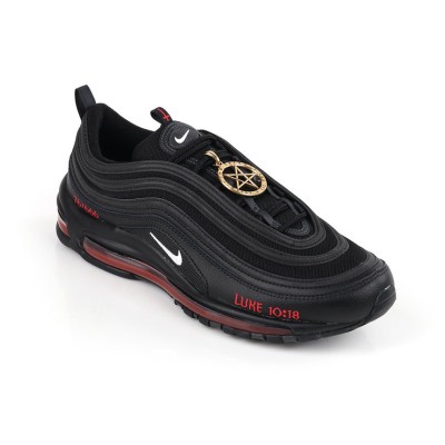 Nike Air Max 97 "Satan Shoes" - Unique Black Sneakers with Red Accents and Luke 10:18 Reference