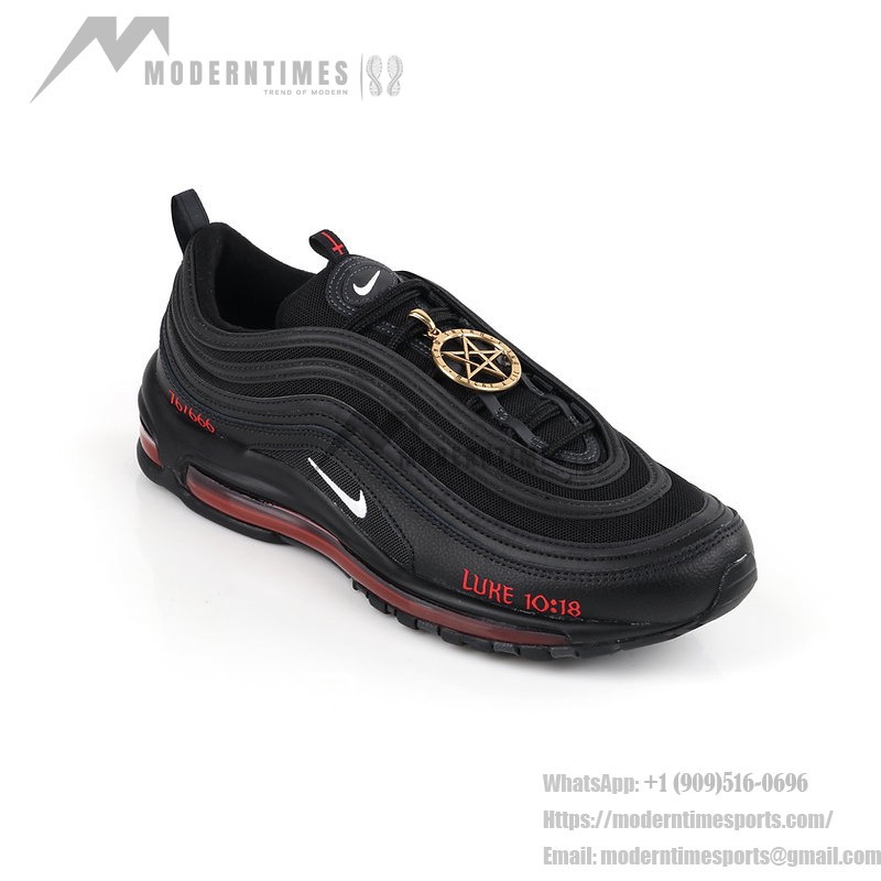 Nike Air Max 97 "Satan Shoes" - Black Sneakers with Red Accents and Luke 10:18 Reference