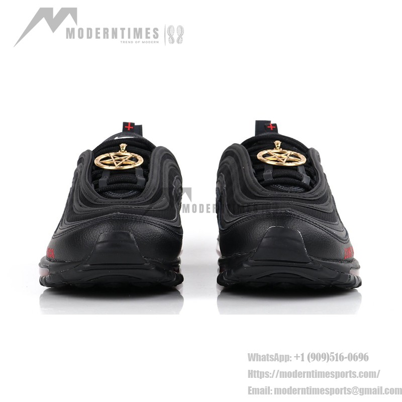 Nike Air Max 97 "Satan Shoes" - Black Sneakers with Red Accents and Luke 10:18 Reference