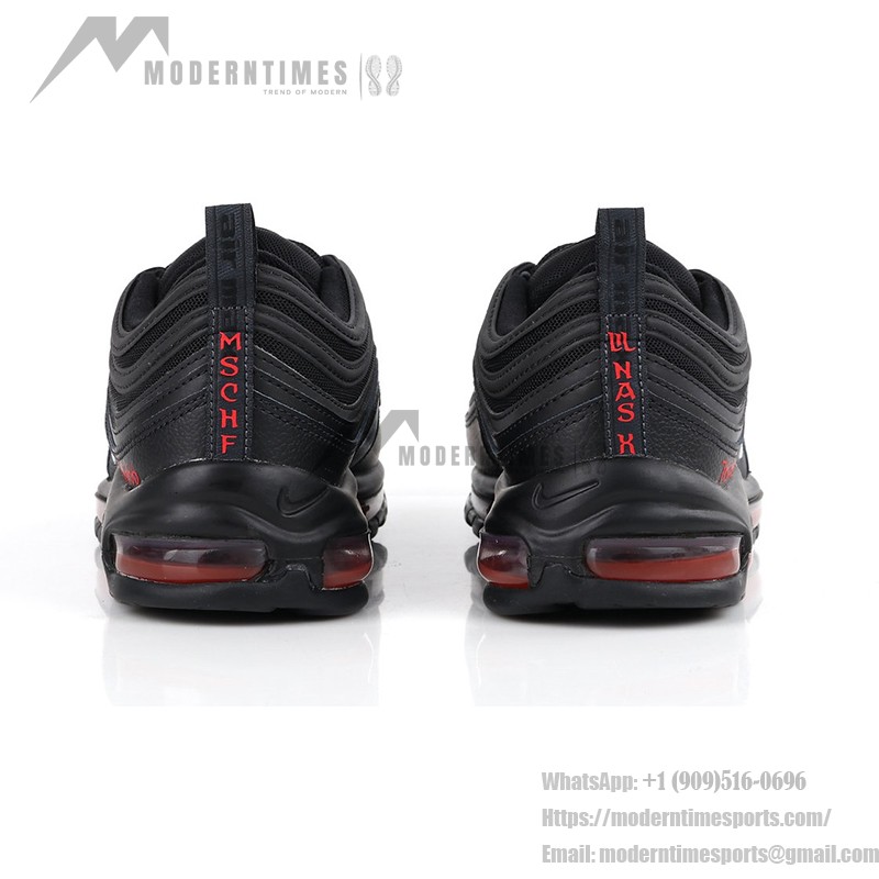 Nike Air Max 97 "Satan Shoes" - Black Sneakers with Red Accents and Luke 10:18 Reference