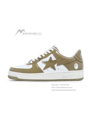 BAPE STA Beige & White Patent Leather Sneakers 1I70-191-022-BEIGE | Minimalist Streetwear Elegance