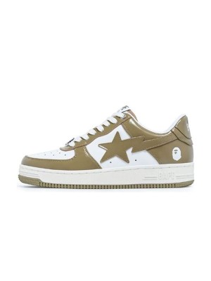 BAPE STA Beige & White Patent Leather Sneakers 1I70-191-022-BEIGE | Minimalist Streetwear Elegance