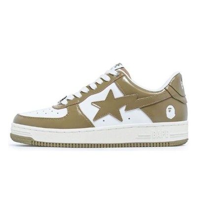 BAPE STA Beige & White Patent Leather Sneakers 1I70-191-022-BEIGE | Minimalist Streetwear Elegance