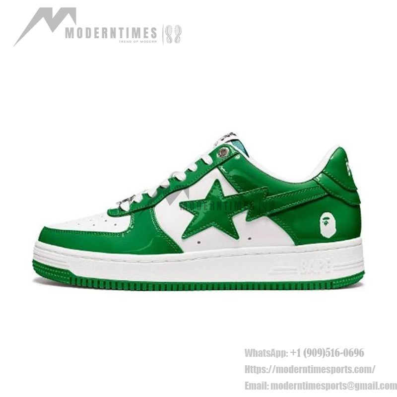 BAPE STA Green and White Patent Leather Sneakers with Star Logo