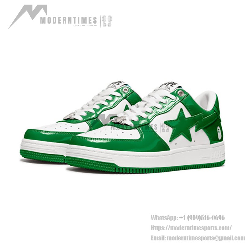 BAPE STA Green and White Patent Leather Sneakers with Star Logo