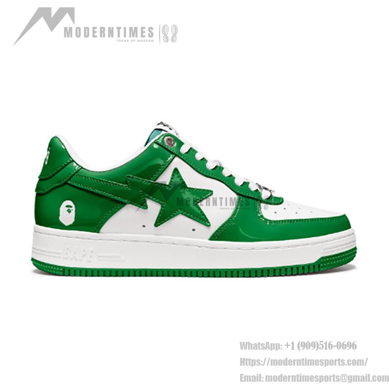 BAPE STA Green and White Patent Leather Sneakers with Star Logo