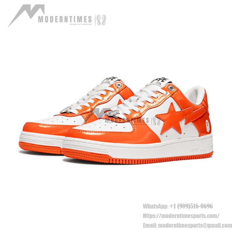 BAPE STA Orange and White Patent Leather Sneakers with Star Logo