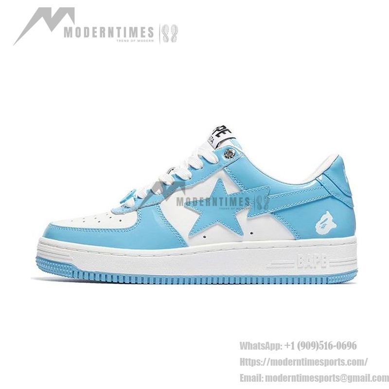 BAPE STA White and Sky Blue Patent Leather Sneakers with Star Logo