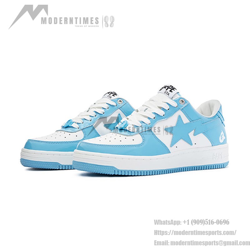 BAPE STA White and Sky Blue Patent Leather Sneakers with Star Logo