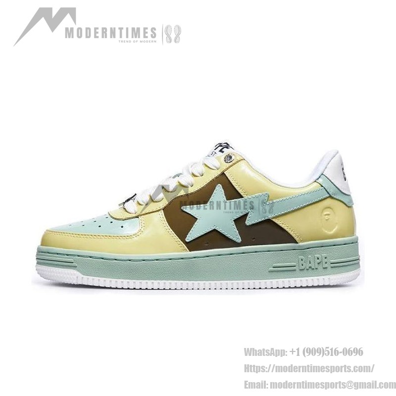 BAPE STA 옐로우 브라운 그린 스니커즈, 생동감 있는 디자인