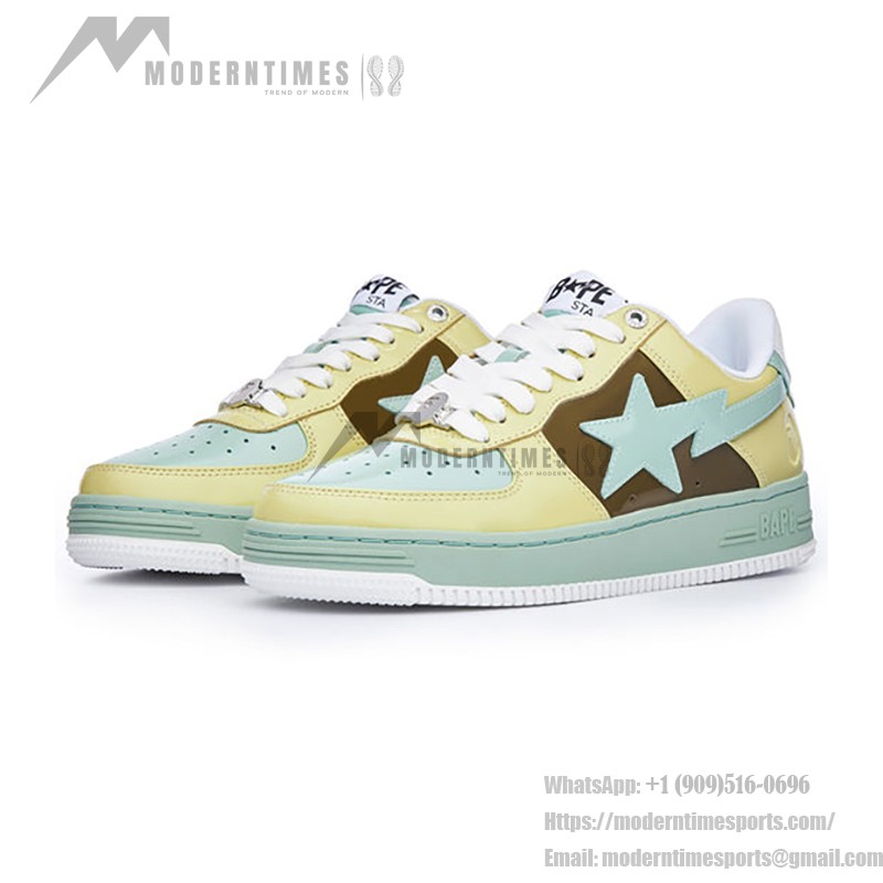 BAPE STA 옐로우 브라운 그린 스니커즈, 생동감 있는 디자인