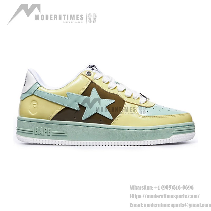 BAPE STA 옐로우 브라운 그린 스니커즈, 생동감 있는 디자인