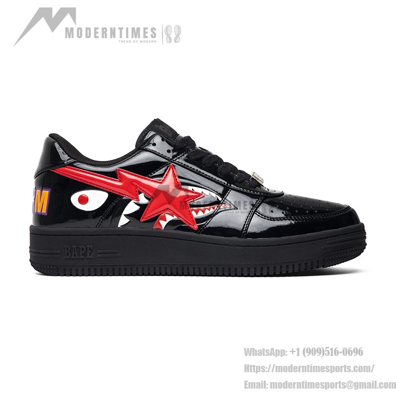 BAPE STA Black Patent Leather Sneakers with Red Star Logo