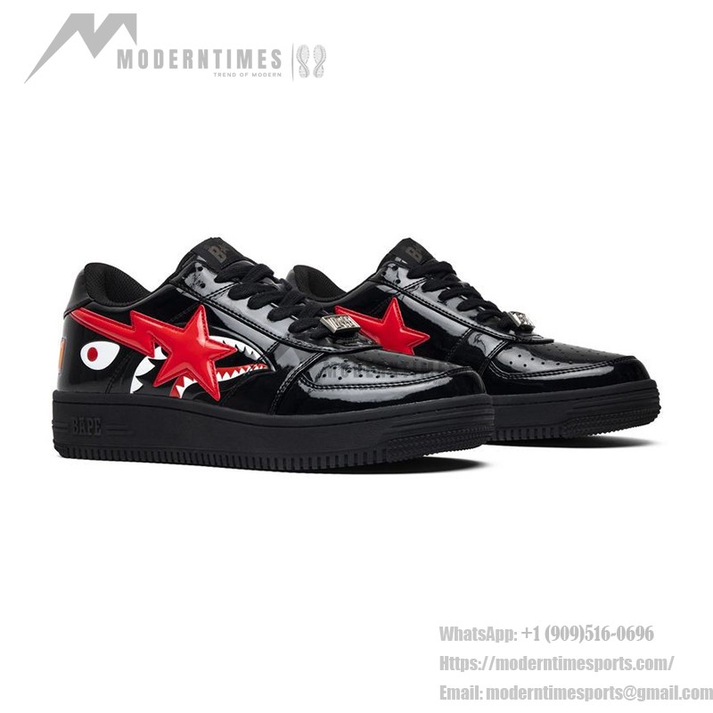 BAPE STA Black Patent Leather Sneakers with Red Star Logo