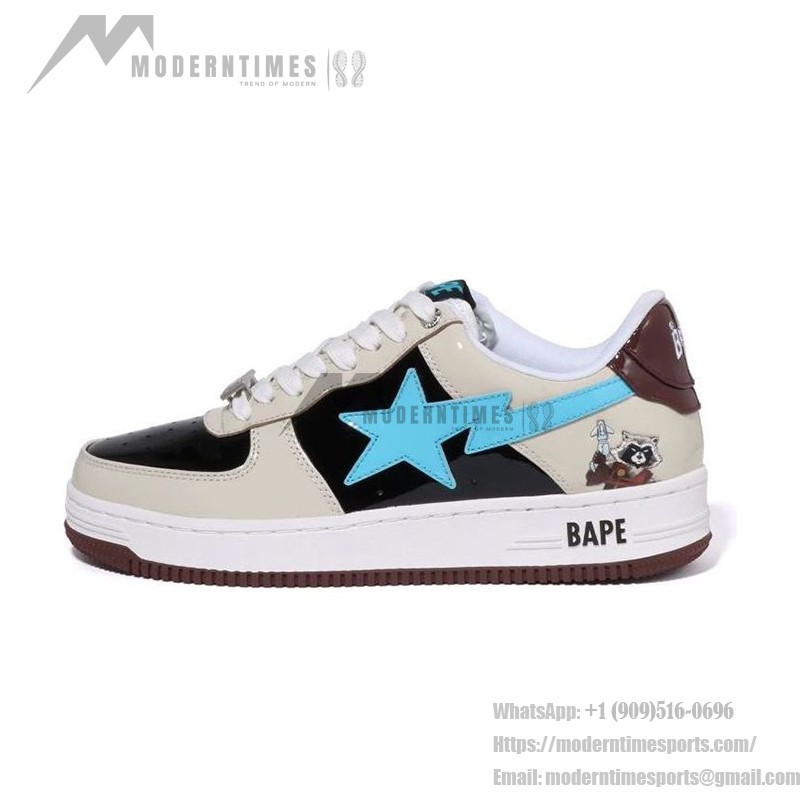 BAPE STA x Marvel Rocket Raccoon Sneakers with Cream, Black, and Blue Details