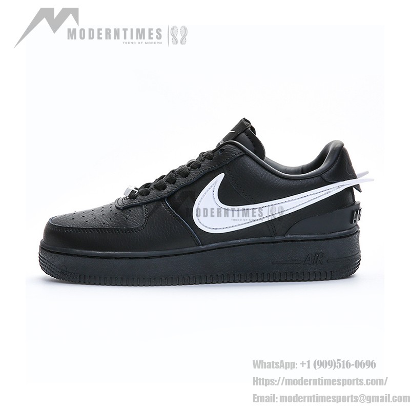 AMBUSH x Nike Air Force 1 Low Black Sneakers DV3464-001 featuring oversized Swoosh logo