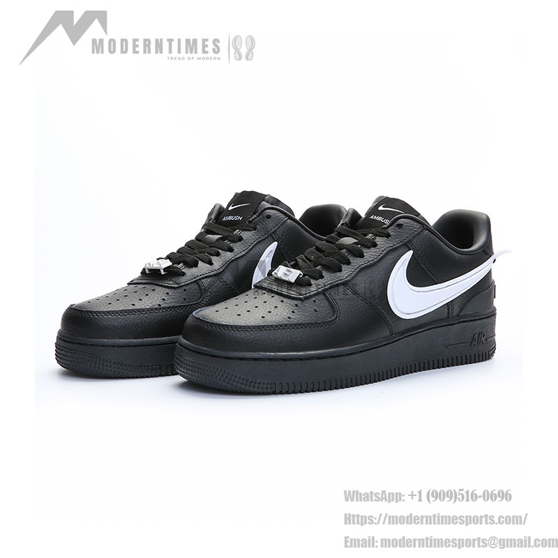 AMBUSH x Nike Air Force 1 Low Black Sneakers DV3464-001 featuring oversized Swoosh logo