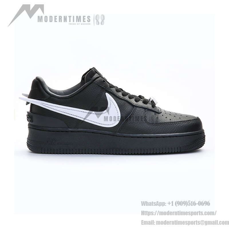 AMBUSH x Nike Air Force 1 Low Black Sneakers DV3464-001 featuring oversized Swoosh logo