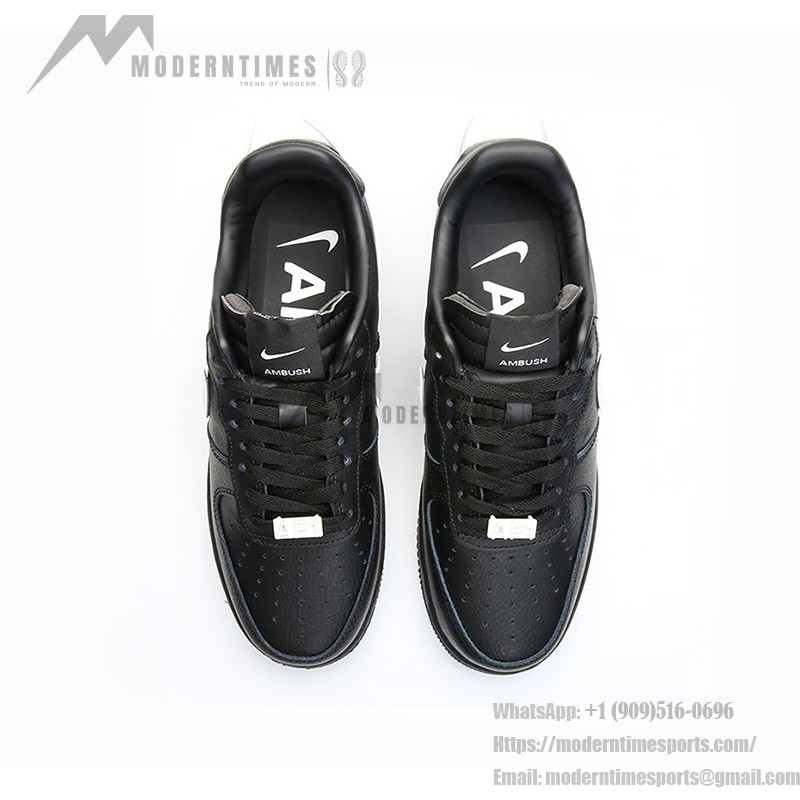 AMBUSH x Nike Air Force 1 Low Black Sneakers DV3464-001 featuring oversized Swoosh logo