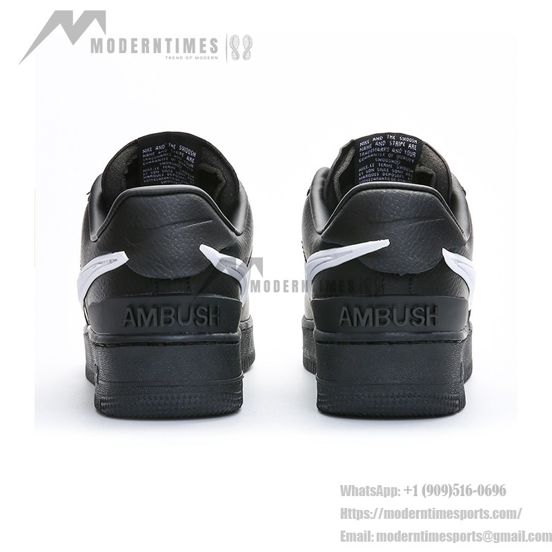 AMBUSH x Nike Air Force 1 Low Black Sneakers DV3464-001 featuring oversized Swoosh logo