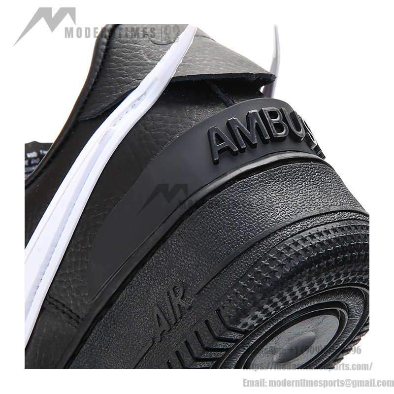 AMBUSH x Nike Air Force 1 Low Black Sneakers DV3464-001 featuring oversized Swoosh logo