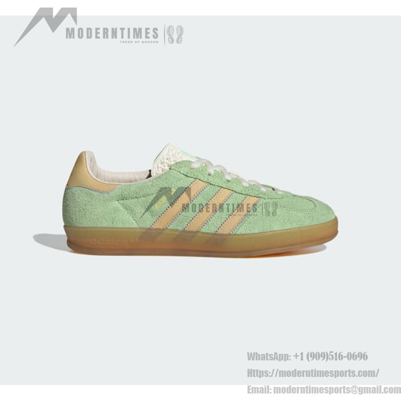 Adidas Gazelle Indoor IE2948 Green Suede Sneakers with Beige Stripes and Gum Sole