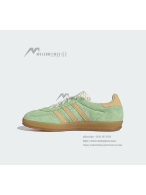 Adidas Gazelle Indoor IE2948 - Green Suede Sneakers with Beige Stripes & Gum Sole | Retro Elegance and Everyday Comfort
