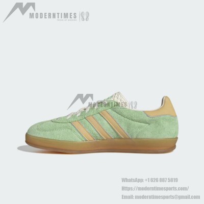 Adidas Gazelle Indoor IE2948 - Green Suede Sneakers with Beige Stripes & Gum Sole | Retro Elegance and Everyday Comfort