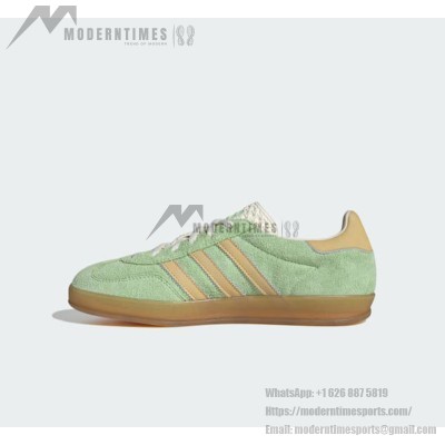 Adidas Gazelle Indoor IE2948 - Green Suede Sneakers with Beige Stripes & Gum Sole | Retro Elegance and Everyday Comfort
