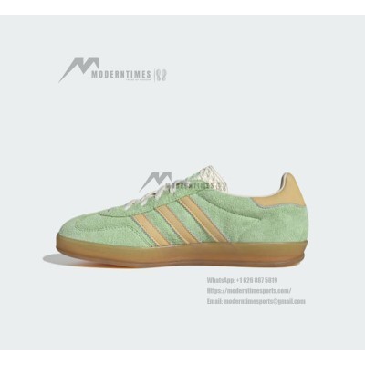 Adidas Gazelle Indoor IE2948 - Green Suede Sneakers with Beige Stripes & Gum Sole | Retro Elegance and Everyday Comfort