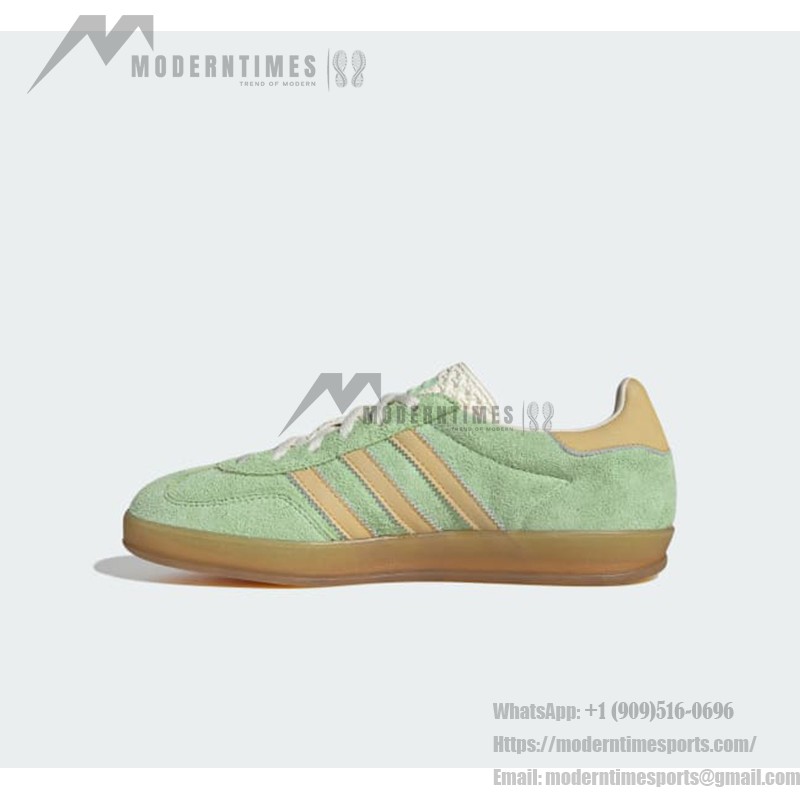 Adidas Gazelle Indoor IE2948 Green Suede Sneakers with Beige Stripes and Gum Sole