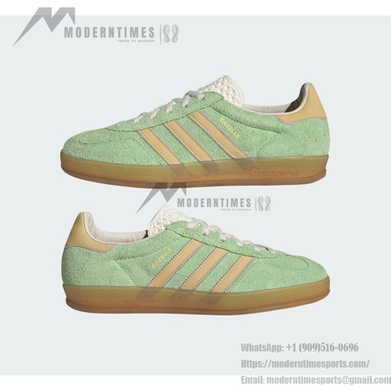 Adidas Gazelle Indoor IE2948 Green Suede Sneakers with Beige Stripes and Gum Sole