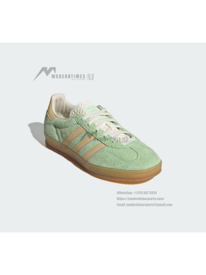 Adidas Gazelle Indoor IE2948 - Green Suede Sneakers with Beige Stripes & Gum Sole | Retro Elegance and Everyday Comfort