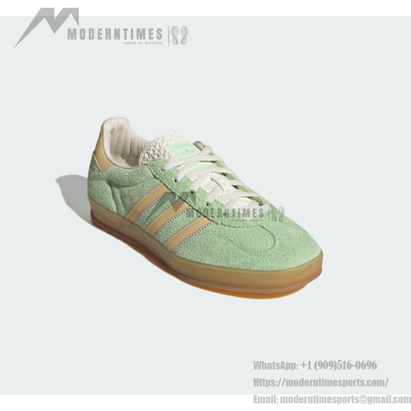 Adidas Gazelle Indoor IE2948 Green Suede Sneakers with Beige Stripes and Gum Sole