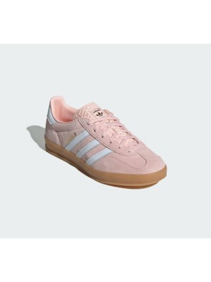 Adidas Gazelle Indoor IH5484 - Pink Suede Sneakers with Pastel Blue Stripes & Gum Sole | Retro Charm and Everyday Comfort