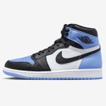 Side view of the Air Jordan 1 High OG “UNC Toe” DZ5485-400 sneaker in blue, black, and white with premium leather materials