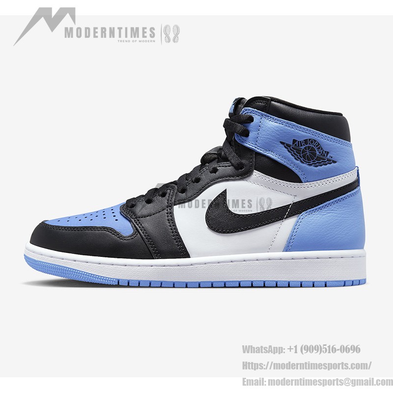 Side view of the Air Jordan 1 High OG “UNC Toe” DZ5485-400 sneaker in blue, black, and white with premium leather materials