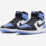 Side view of the Air Jordan 1 High OG “UNC Toe” DZ5485-400 sneaker in blue, black, and white with premium leather materials