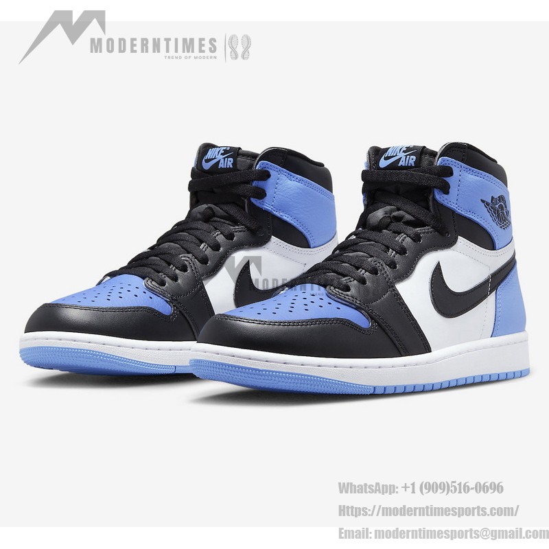 Side view of the Air Jordan 1 High OG “UNC Toe” DZ5485-400 sneaker in blue, black, and white with premium leather materials