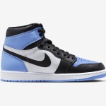 Side view of the Air Jordan 1 High OG “UNC Toe” DZ5485-400 sneaker in blue, black, and white with premium leather materials