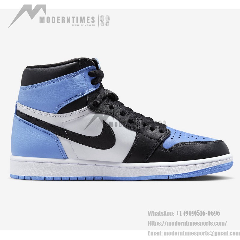 Side view of the Air Jordan 1 High OG “UNC Toe” DZ5485-400 sneaker in blue, black, and white with premium leather materials