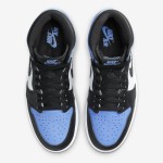 Side view of the Air Jordan 1 High OG “UNC Toe” DZ5485-400 sneaker in blue, black, and white with premium leather materials