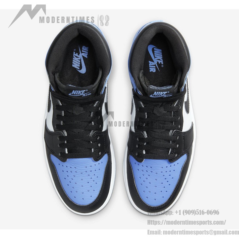 Side view of the Air Jordan 1 High OG “UNC Toe” DZ5485-400 sneaker in blue, black, and white with premium leather materials